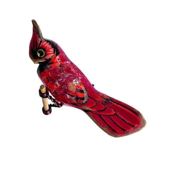 Vintage Wooden Cardinal Brooch 2.25" Painted on Perch Figural - Picture 1 of 4